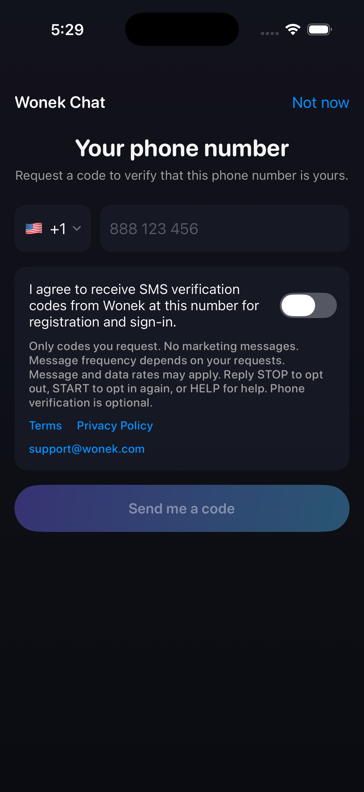 Wonek Chat phone verification screen with SMS consent switched off, SMS disclosures, Terms, Privacy Policy and a disabled Send me a code button